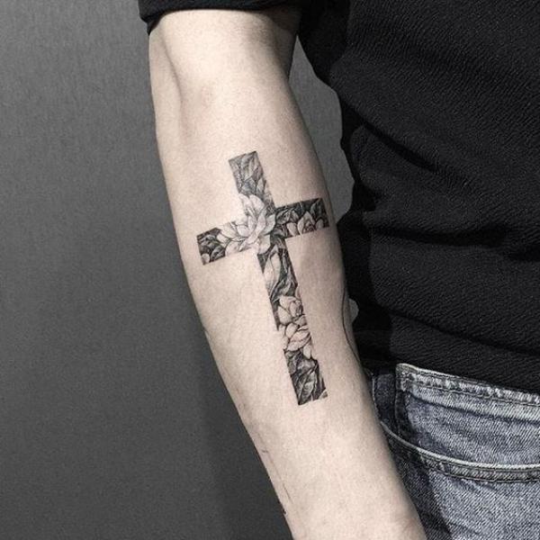 cross with rose tattoo for men