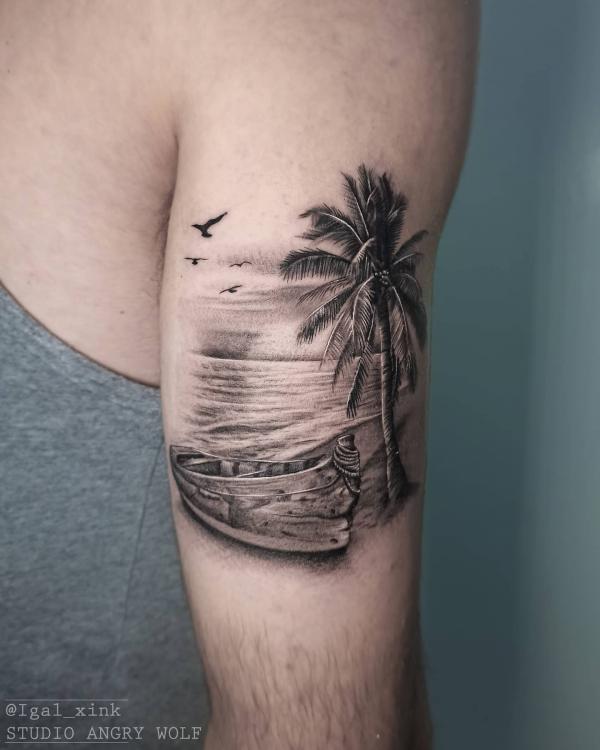 Sailor jerry palm tree tattoo on an island on Craiyon