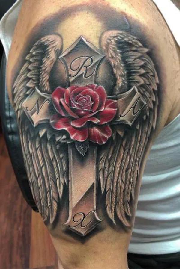 cross with rose and wings