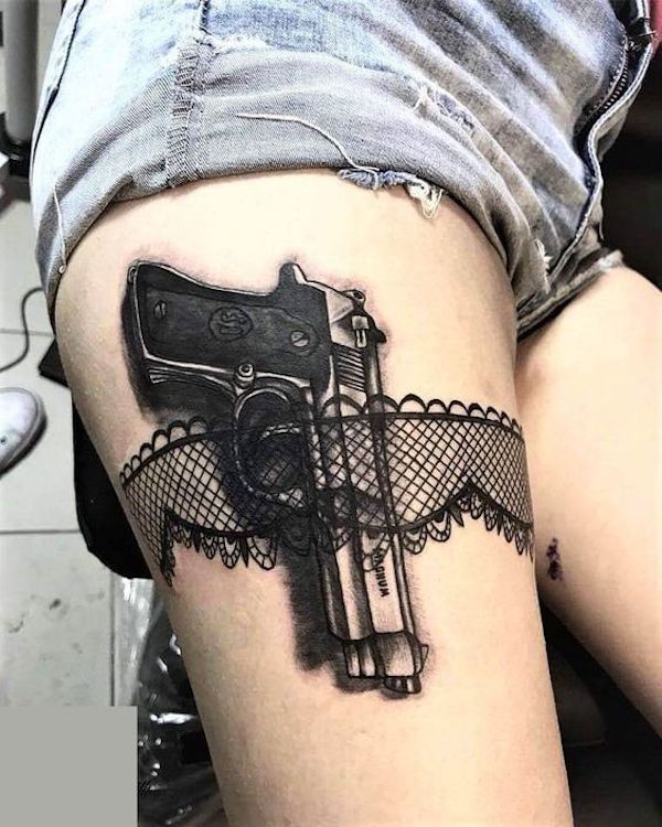 pistol and lace garter tattoo final sitting by mike  Flickr