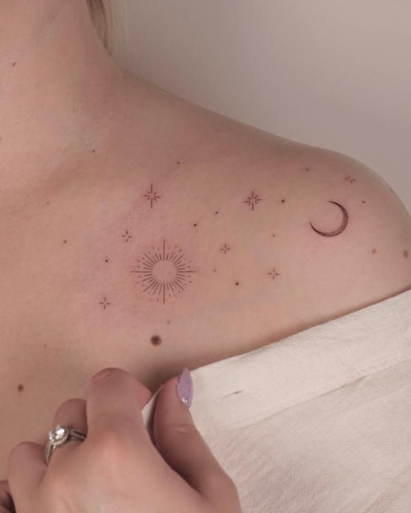 Beautiful Shoulder Tattoo with Moon and Star Clusters