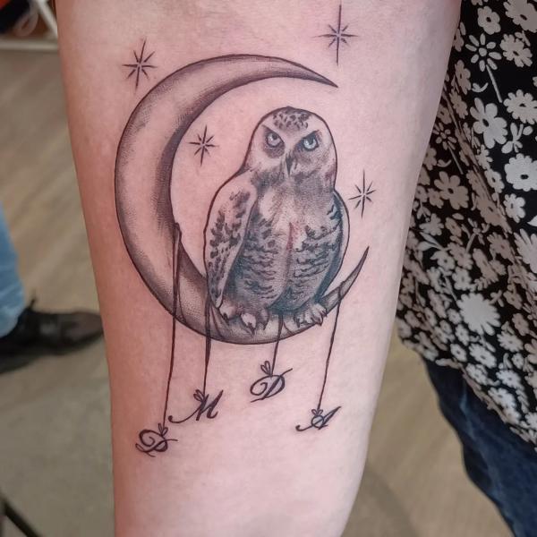 Yellow Star and Moon With Owl Tattoo