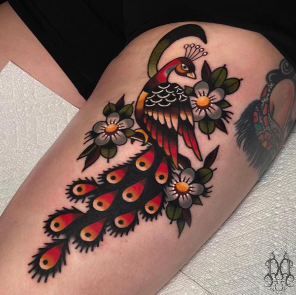 Tattoo tagged with: animal, big, bird, facebook, illustrative,  joannaswirska, leg, peacock, sketch work, twitter | inked-app.com