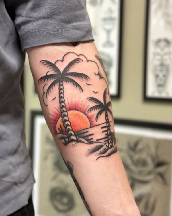 SOUNDSKIN INK - Art by Scott Sketch Harrison Check out this cool traditional  sunset I did a few weeks back. This was a fun tattoo. Thanks for looking!!  | Facebook
