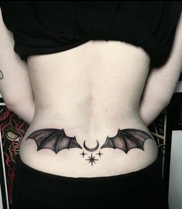 Traditional Bat With Roses Tattoo Design For Stomach By Paul Backman