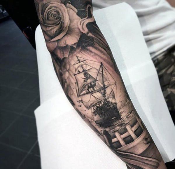 traditional ship leg tattoo