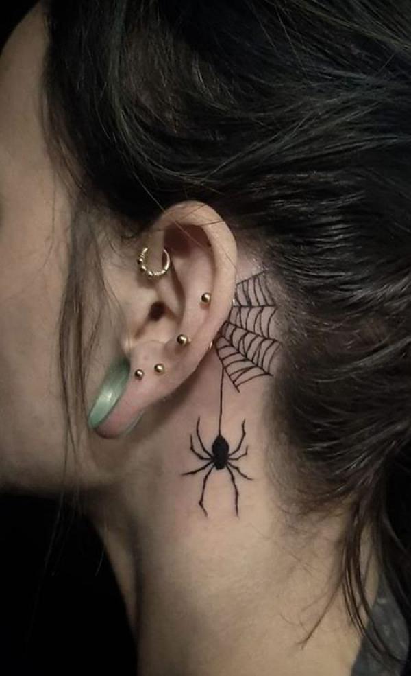 Black 3D Spider Tattoo On Man Side Neck