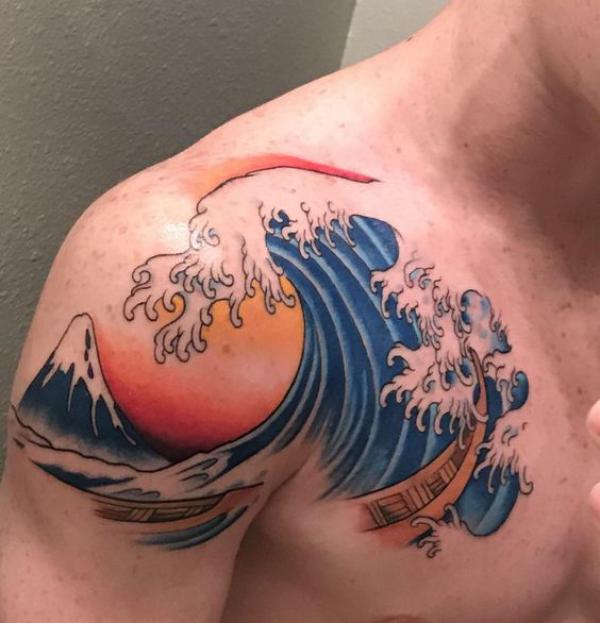 japanese wave and flower tattoos