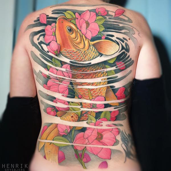 koi fish lotus flower cherry blossom tattoo