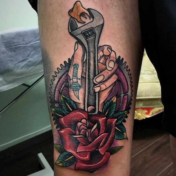 Tattoo uploaded by Erik • 14mm wrench with sons initials (fresh) he was  born in 2014 By Justin Swafford #wrench #freshart #justinswafford • Tattoodo