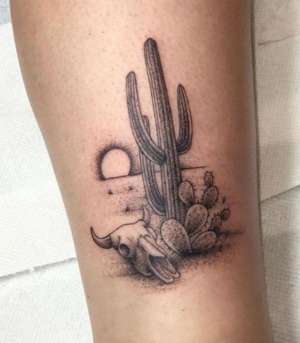 Tattoo uploaded by Tattoodo • Desert landscape by Gary Gerhardt  #GaryGerhardt #traditional #color #desert #cacti #cactus #cactusflower  #flowers #sun #coyote #geometric #pattern #tattoooftheday • Tattoodo