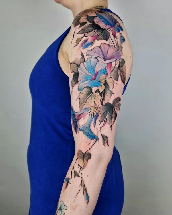 botanical tattoo covering a person's forearm including | Stable Diffusion