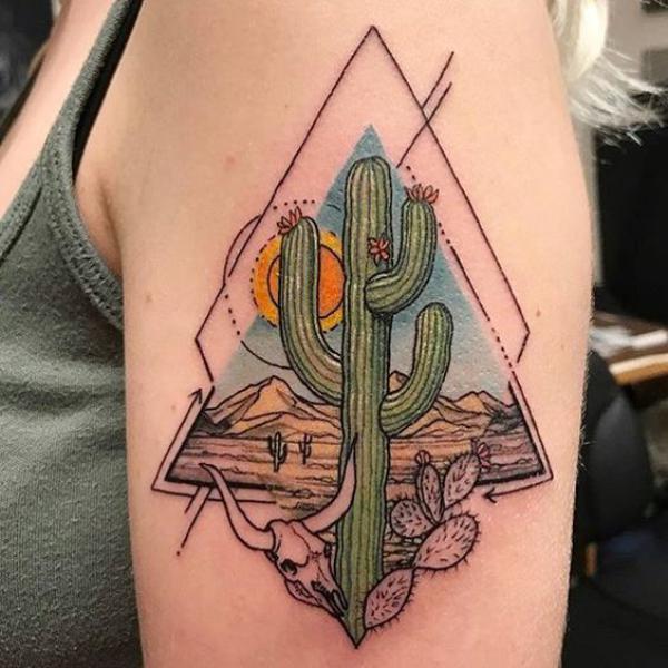Design a tattoo depicting a distant view of a vast desert landscape with  low, undulating sand dunes. tattoo idea | TattoosAI