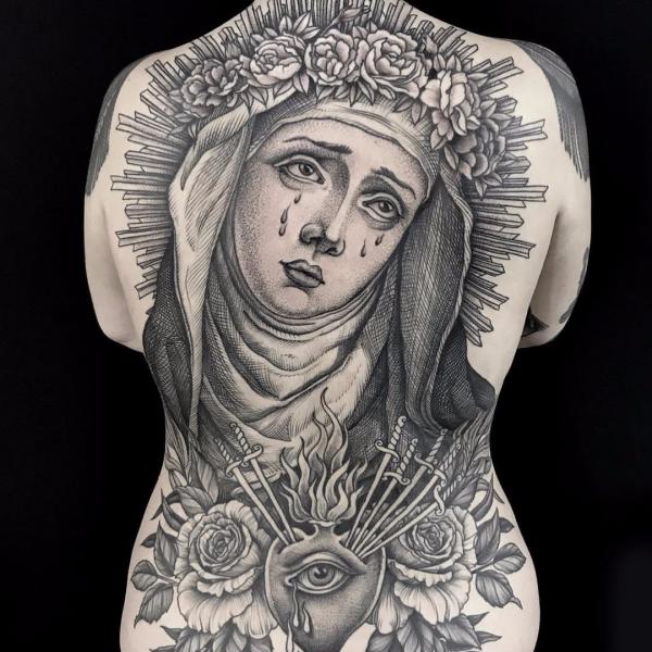 Virgin Mary piece from yesterday to start a full chest piece. Swipe right  to see a video of this piece and also 2 portraits I did about 4... |  Instagram