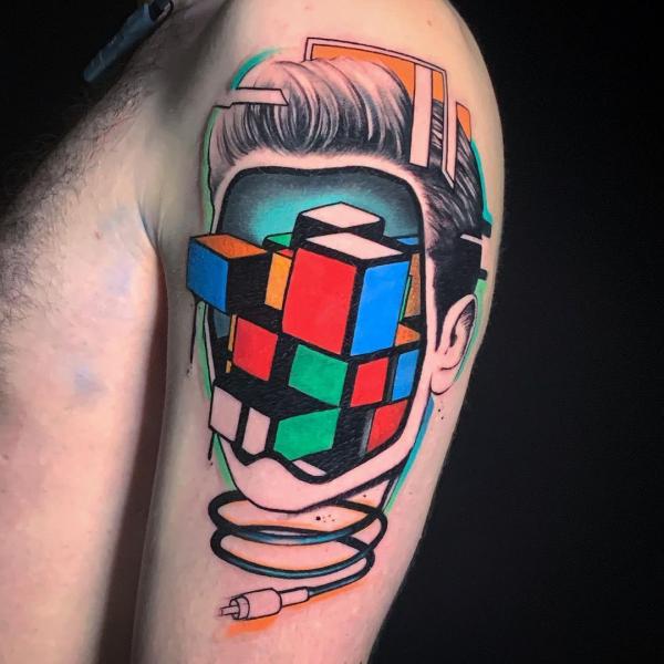 Photo by (tattoosbychrissaunders) on Instagram | #rubikscube  #rubikscubetattoo #3d #3dtattoo #colortattoo #re… | Free hand tattoo,  Geometric tattoo, Detailed tattoo