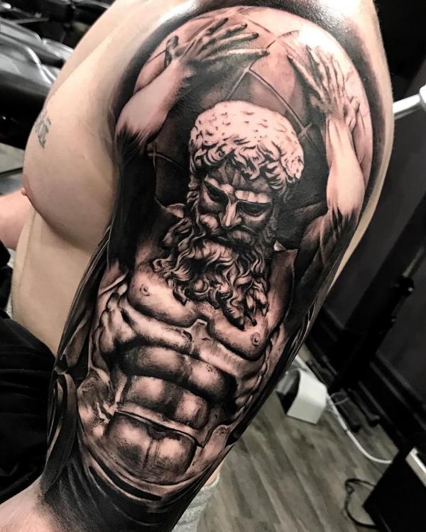 👾Tattoo Artist Vienna|KUROBLCK on Instagram: “In Greek mythology, the Titan  Atlas was responsible… | Tatuagem na perna, Tatuagem atrás do braço,  Tatuagens modernas