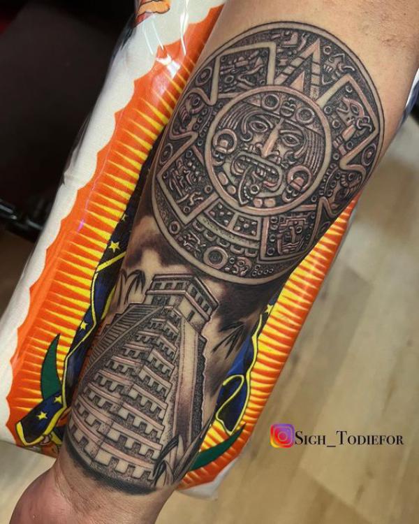 Skull & Aztec Temple | Aztec tattoo designs, Aztec tattoo, Mayan tattoos