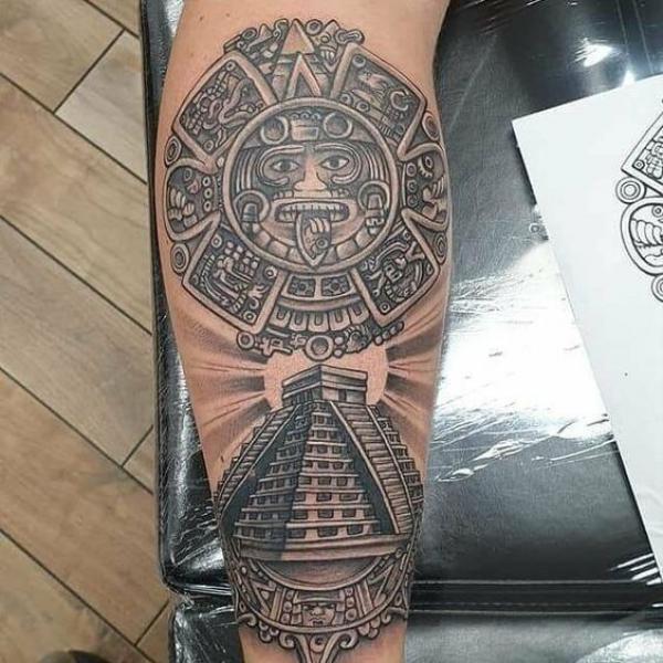 Aztec calendar and Pyramid tattoo
