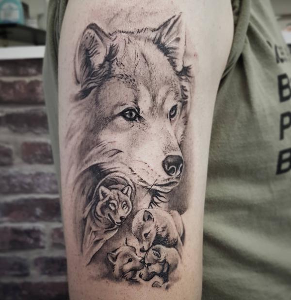 Tattoo of a She-Wolf with her Wolf Cubs - - - - @buloxaliasmoi - - - - # tattoo #wolf #wolftattoo #wolfcub #wolfcubtattoo #realisticwolf... | By  ArttattooFacebook