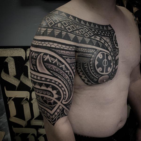 Tribal Tattoo Sleeve Meaning Of Symbols And Designs Art And Design   Chest Panel To Half Sleeve Tribal Tattoo 