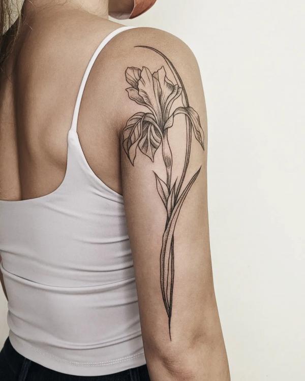 Fine line Iris back of arm tattoo