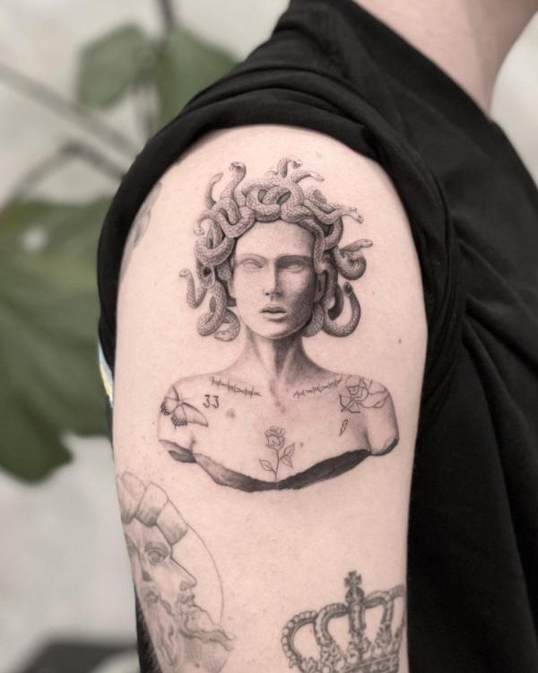 Tattoo of Lofi Greek Medusa beauty morphing into into a skull