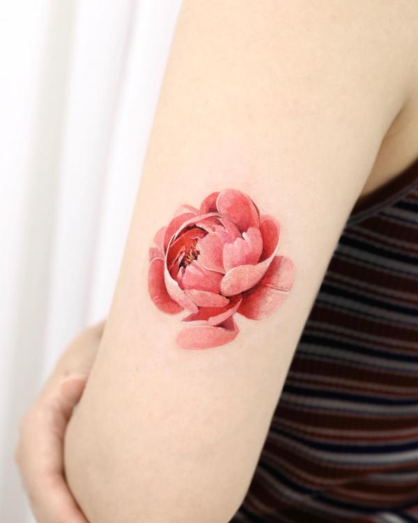 Pink peony back of arm tattoo