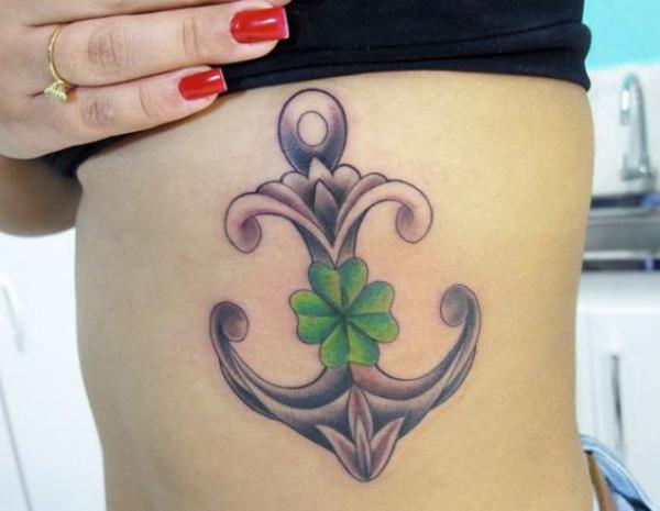 Stylish anchor with Four leaf clover side tattoo