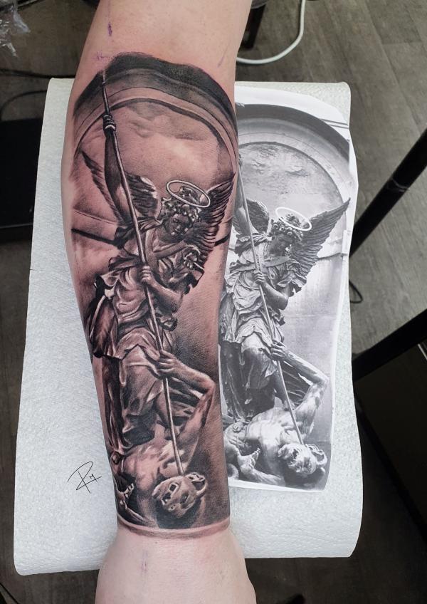 Kampo Tattoo - On his forearm #archangel #stmichael #blackandgray  #swashdrive #swashdrive_tattoo_official #radiantcolorsink | Facebook