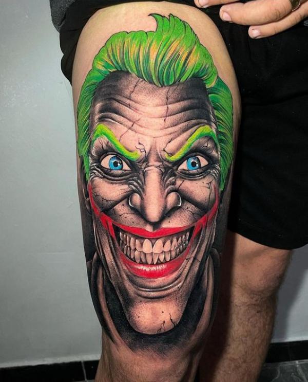 Cesar Romero joker thigh tattoo