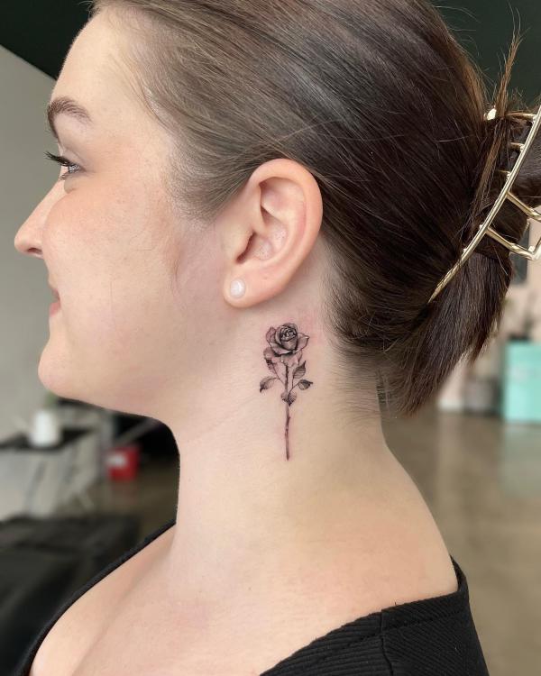 Deinty rose neck tattoo black and grey