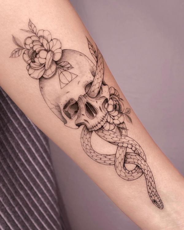 Large Death Skull Snake Flower Temporary Tattoos For Women Men Adult  Skeleton Fake Rose Tattoo Sticker Black Peony Body Tatoo