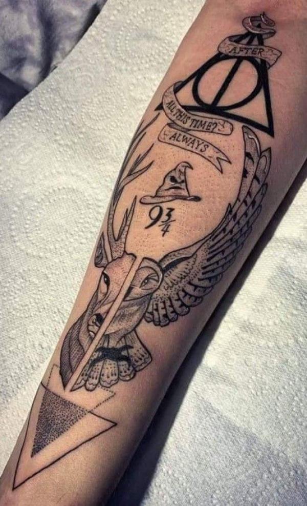 Harry stag Sorting Hat Nine and Three Quarters and deathly hallows tattoo