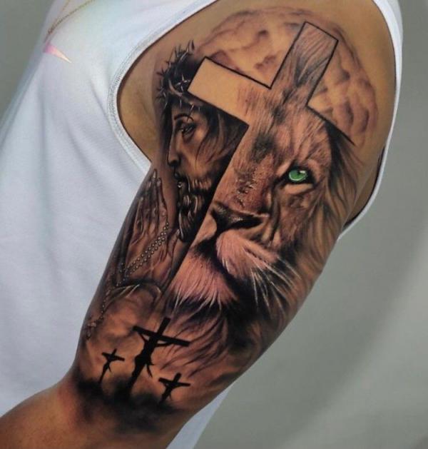 Lion and Jesus Face Tattoo on A Leg | TikTok