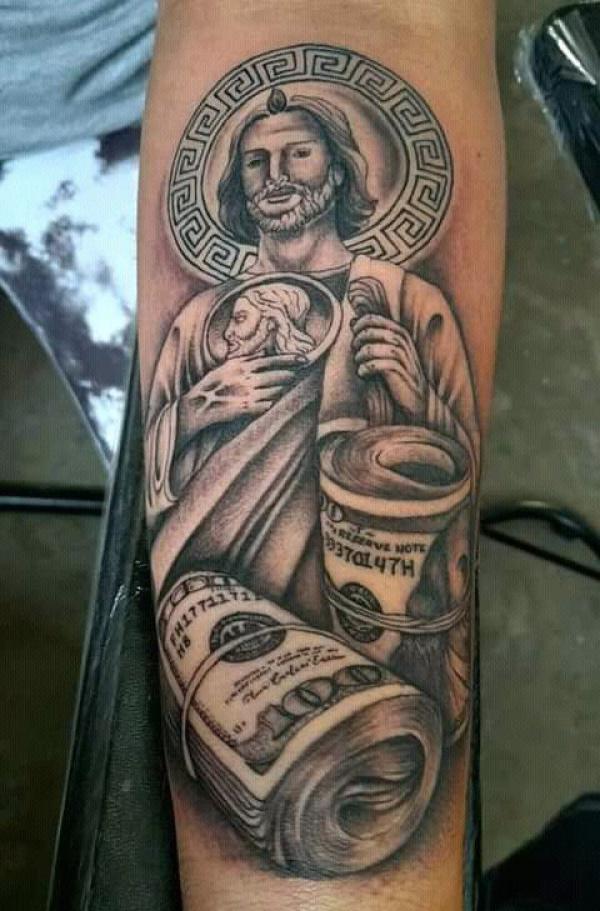 Saint Jude tattoo located on the forearm.