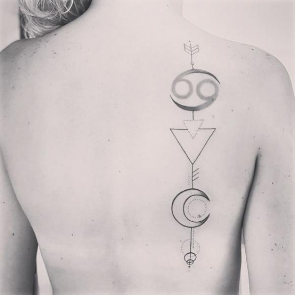 Zodiac cancer water and moon glyph tattoo on one side of back