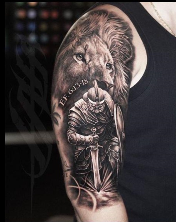 Armor of god and lion tattoo