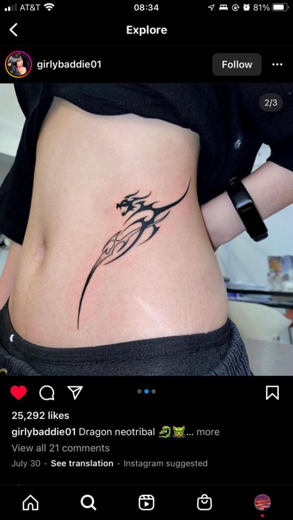 Dragon cyber sigilism side belly tattoo