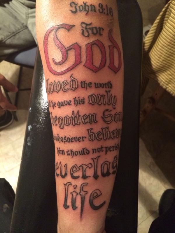 Forearm John 3 16 Bible verse tattoo