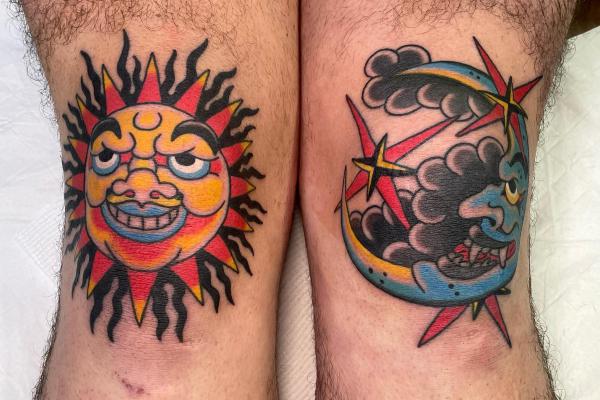 Round tattoo, inside sunset and sea with retro look tattoo idea | TattoosAI