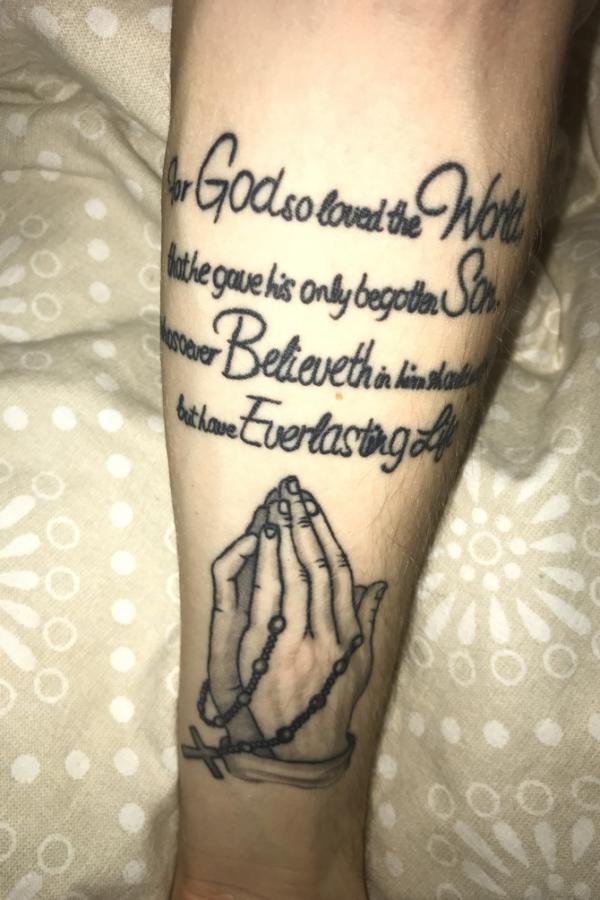 John 3 16 Bible verse with praying hands tattoo