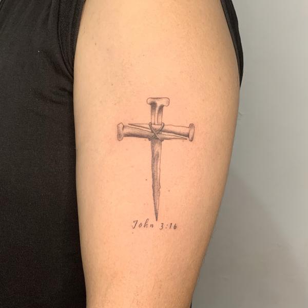 John 3 16 and nail cross tattoo