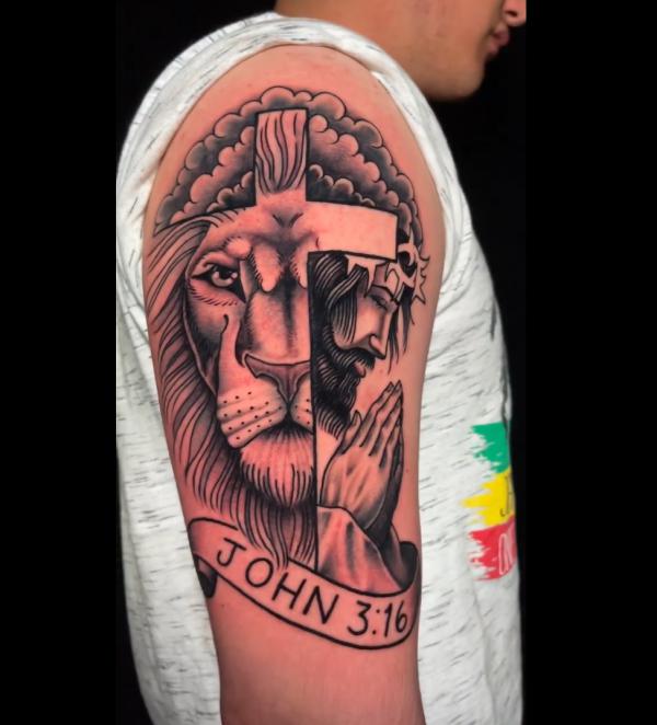 John 3 16 cross lion and Jesus with praying hands tattoo