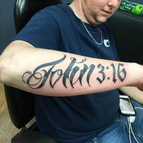 John 3 16 lettering tattoo forearm