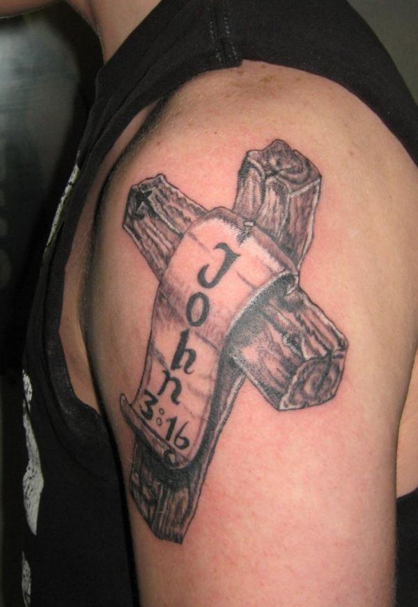 John 3 16 wood cross tattoo shoulder