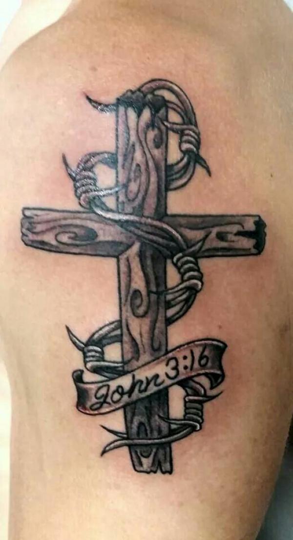 John 3 16 wood cross with barbed wire tattoo