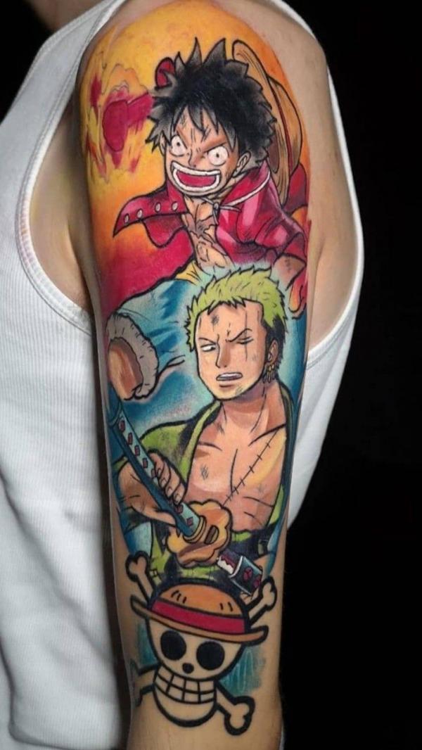 Just wanted to share my luffy tattoo, 1/2 way done with my half sleeve…adding  zoro next with some others : r/OnePiece