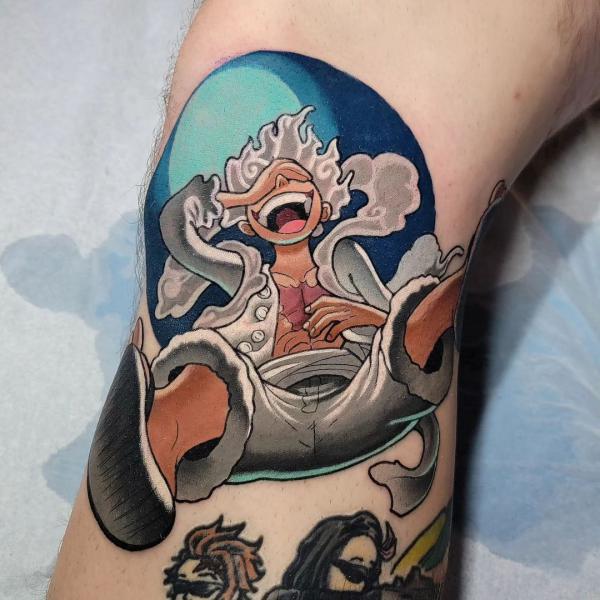 Luffy gear 5 tattoo lower leg