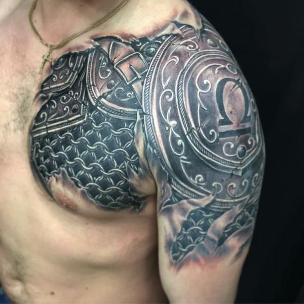 tattoosbythai:traditional-neotraditional-neotrad-bold-lines-knight-family-crest- shield-sword-chest-color