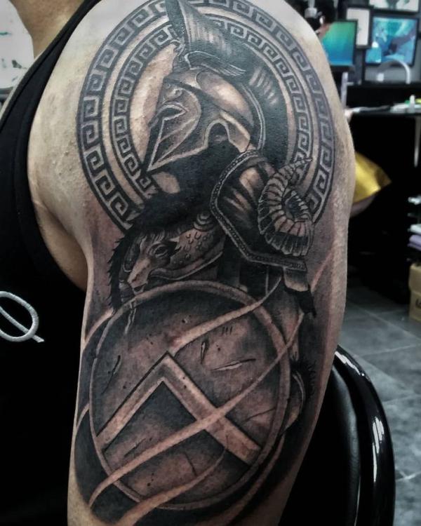 Spartan warrior and shield tattoo half sleeve